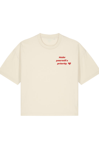 Beżowa koszulka dla kobiet oversize t-shirt z nadrukiem "make yourself a priority" She Vibes
