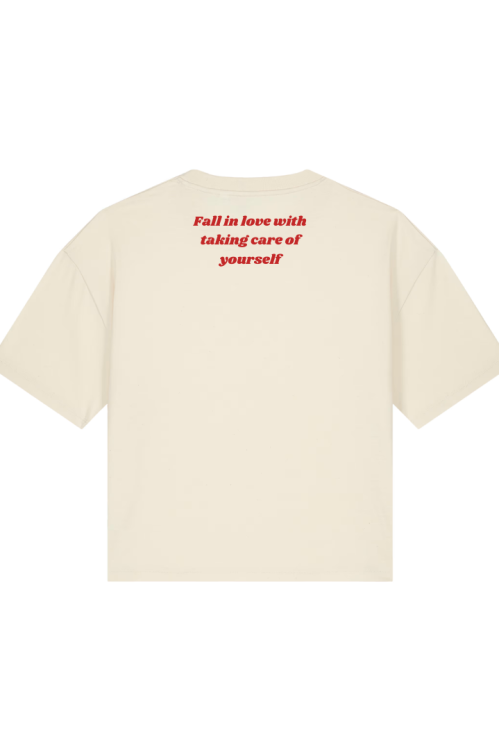beżowa koszulka oversize damska z napisem Fall in love with taking care of yourself od She Vibes bawełniania